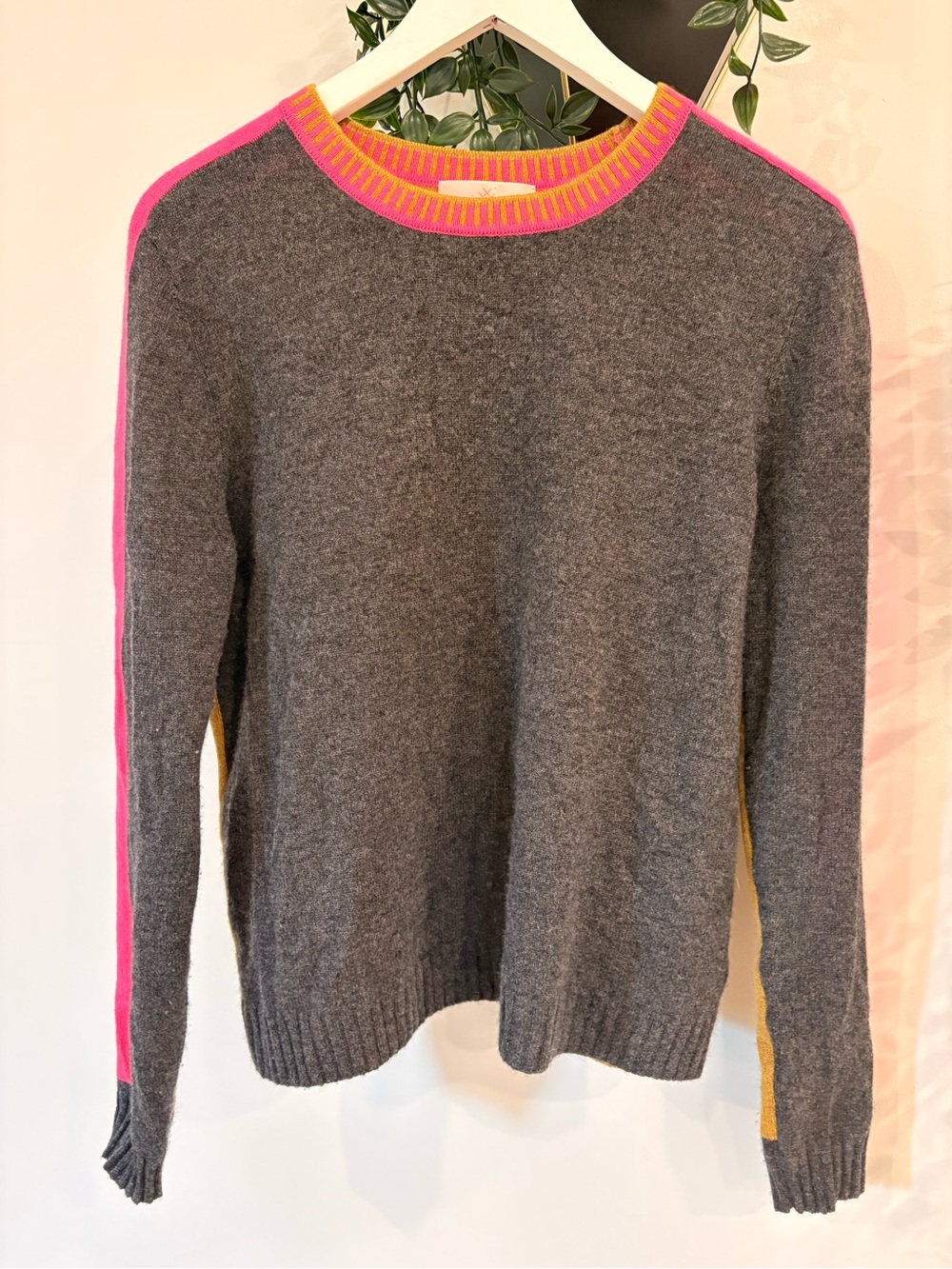 100% cashmere Gray Crewneck Sweater with Pink & Yellow Trim